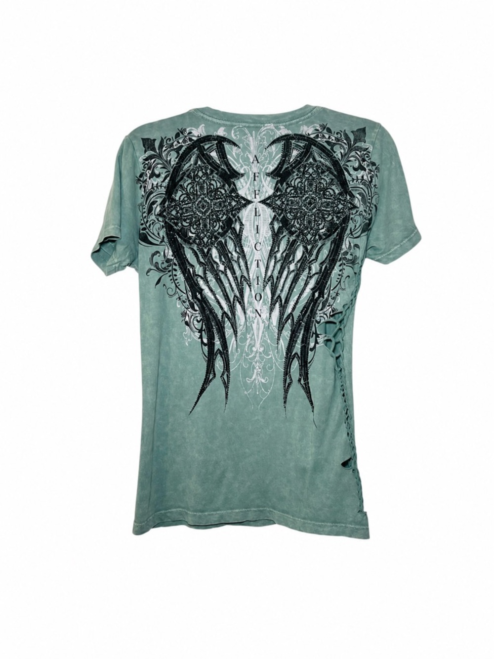 Buckle Affliction Lace-Up Y2K Deep Sea Lava Wash Graphic Short Sleeve Tee Medium - Picture 5 of 16